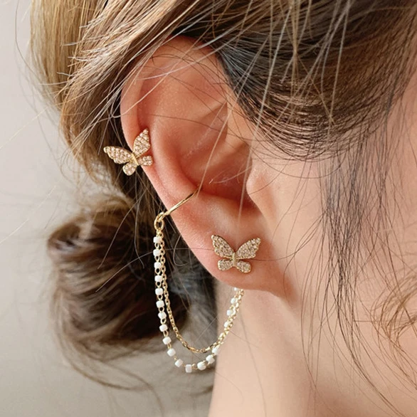 

Barlaycs 2020 Butterfly Pearl Diamond Gold Plated Korean Fashion Tassel Drop Earrings Women Jewelry