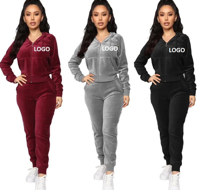 

Wholesale Women Gym Velvet Fabric Zipper Hoodie Tracksuits Ladies Fashion Solid Color Jogging Sports Set, As picture