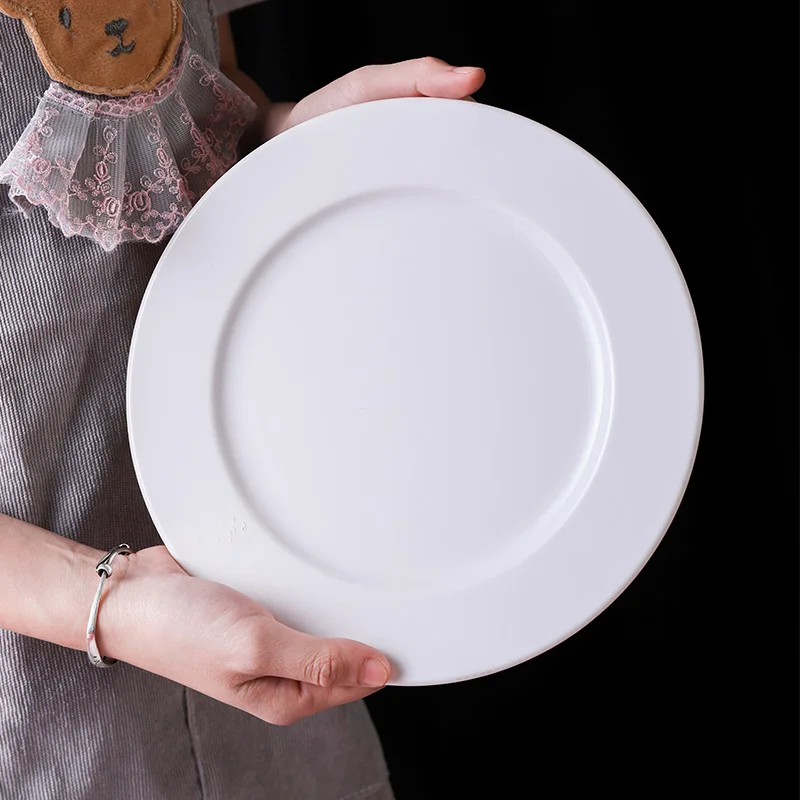 

Round white melamine dinner plate wholesale plastic 12 Inch dinner flat ware unbreaksble restaurant sets, White or customized