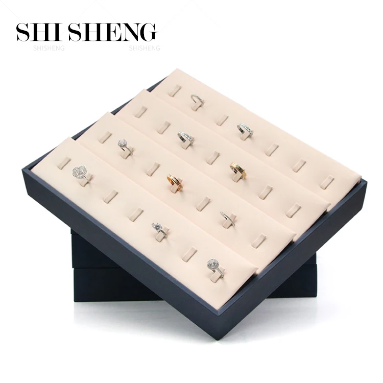

SHI SHENG Wholesale Custom Ring Pendant Necklace Jewellery Packaging Trays Pu Leather Stackable Jewelry Display Tray, Navy blue