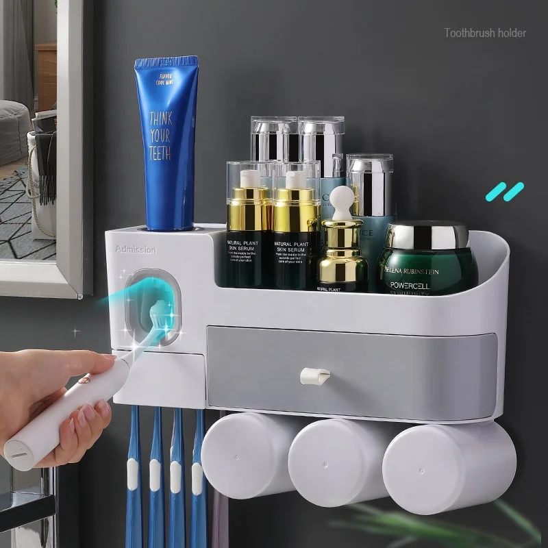 

Wholesale Bathroom Wall Mount 2021 New Products Automatic Squeezing Toothpaste Dispenser With Plastic Toothbrush Holder, White