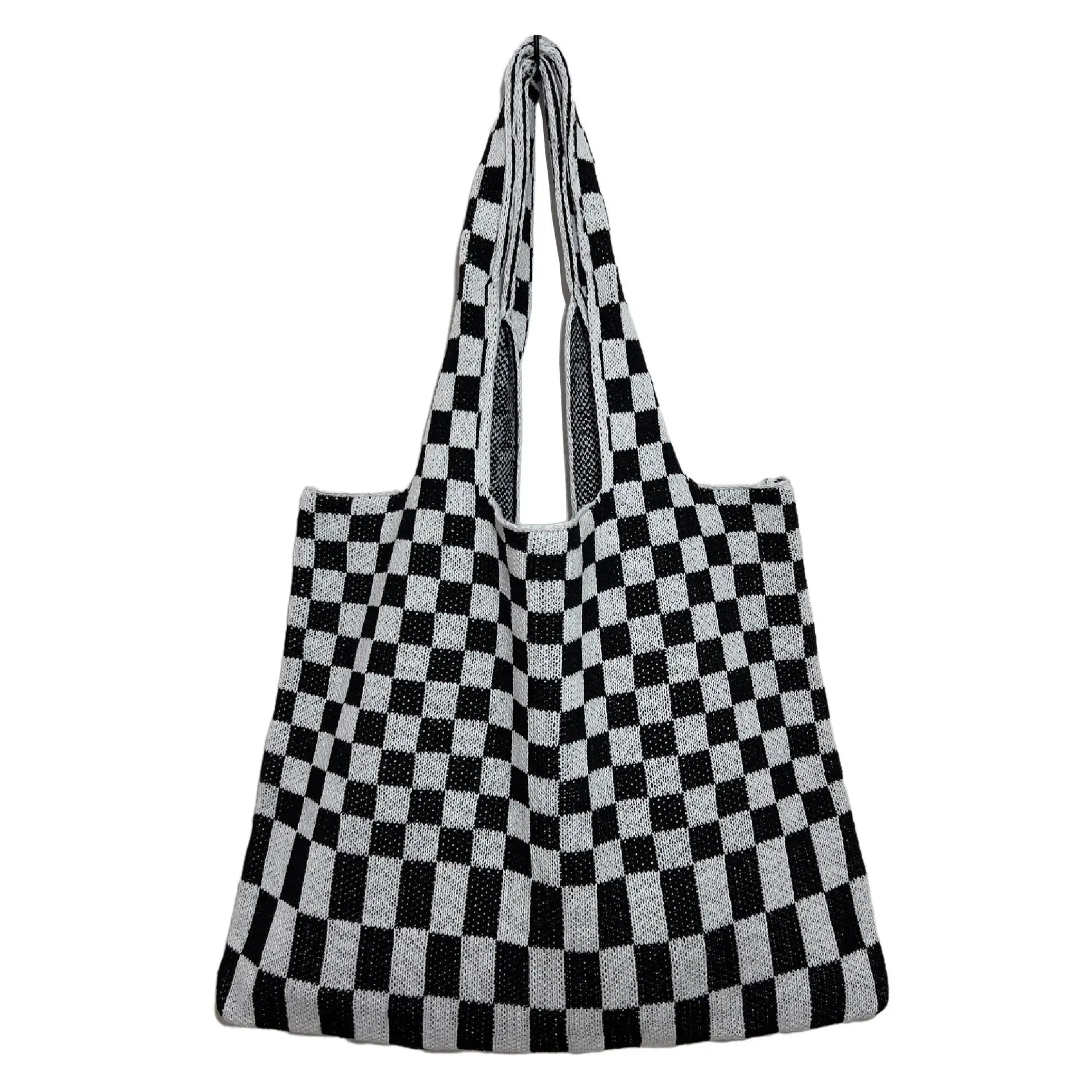 

2022 Vintage Large Capacity Classic Hobo Crochet Checkerboard Tote Bucket Handbag Casual Soft Cotton Knitted Weave Shoulder Bag