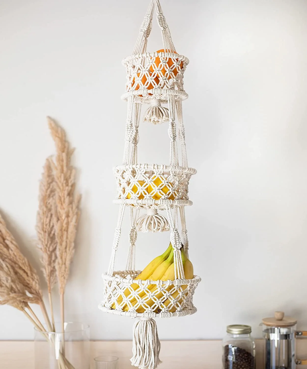 

3 Tier Macrame Hanging Basket Boho Home Decor Flower Plant Holder Hanging Fruit Basket for Kitchen Indoor Outdoor Decorative, Beige