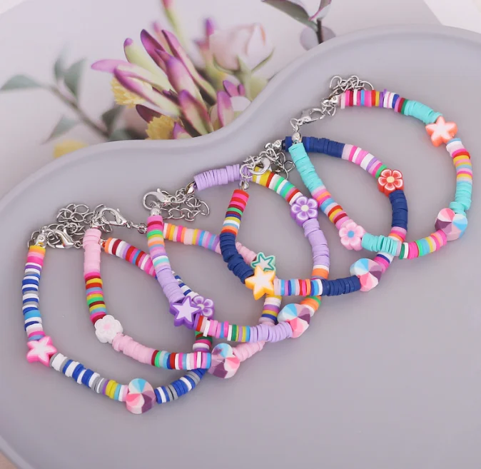 

Colorful Flower Heishi Bead Link Chain Summer Bracelet Bohemian Polymer Clay Discs Beads Bracelet for Woman Girls