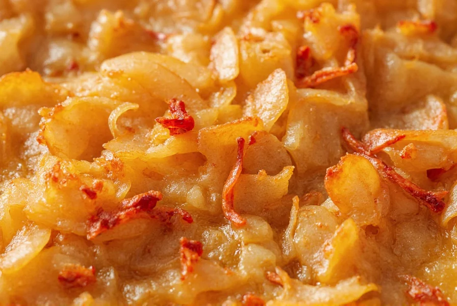 Close-up of chili onion crunch texture showing crispy fried onions and red chili flakes suspended in golden oil