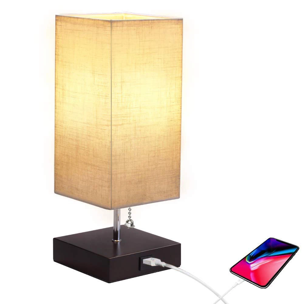 Depuley Nordic Single USB Charging Port E27 Fabric Shade Wood Base Hotel LED Table Lamp