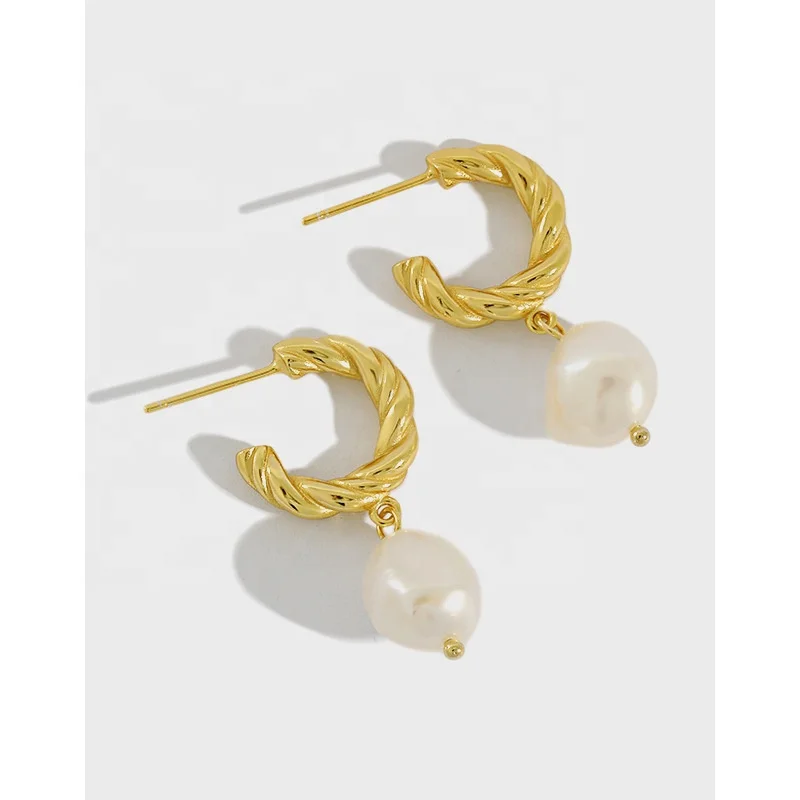 

Danyang S925 Sterling Silver 18k Gold Baroque Pearl Twist Dangle Earrings Shell Pearl Earrings for Women Jewelry