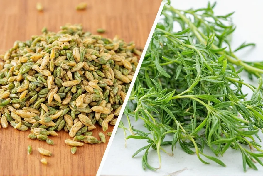 Close-up comparison of fresh and dried tarragon leaves