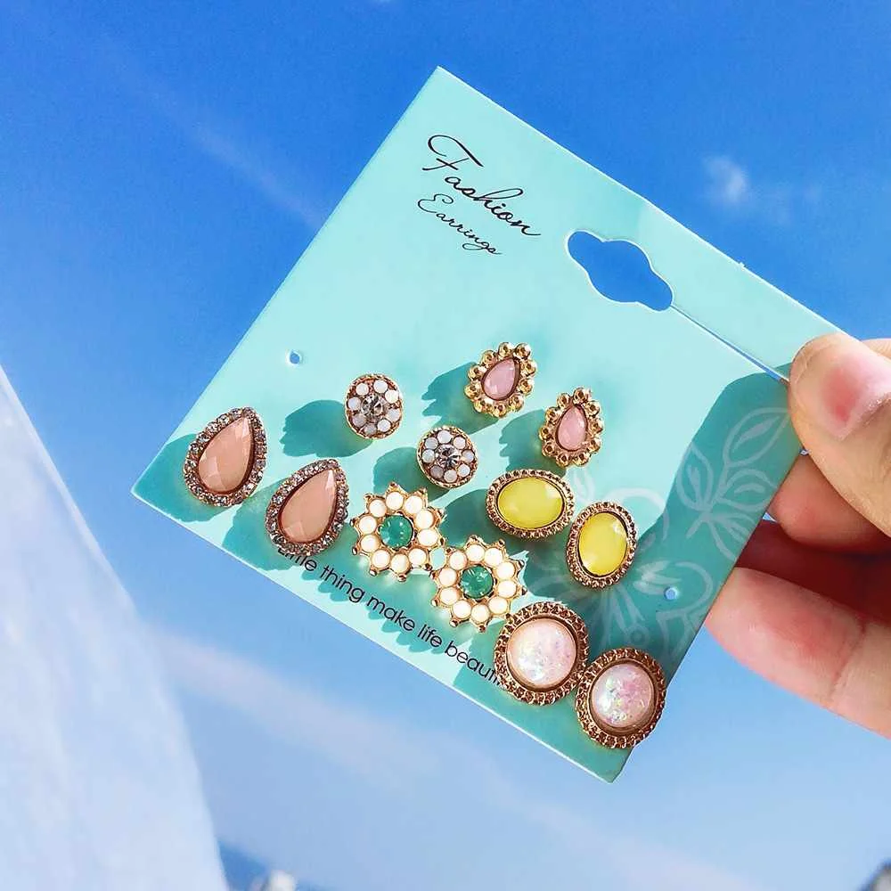 

2020 6pcs Set Sweet Colorful Flower Waterdrop Women Stud Earrings for Girls, As pictures
