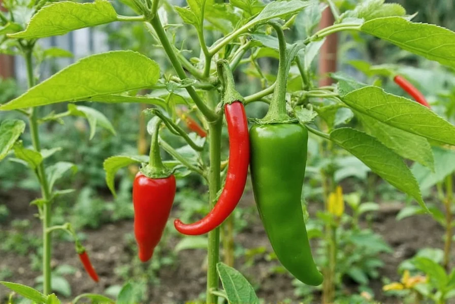 Marconi pepper plants growing in a garden with red and green peppers visible on the vine