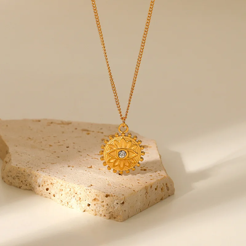 

Fashion New Vintage Women Jewelry Zircon Evil Eye Flower Shape Gift 18K Gold Plated Stainless Steel Pendant Necklace