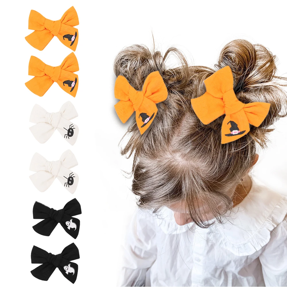 

2 Pcs/set Cute Bowknot Hair Clips Handmade Hairpins Baby Hair Accessories Halloween Cotton Linen Hair Bows For Kids Girls