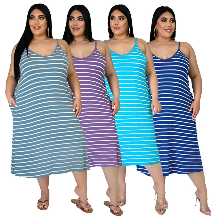 

Women Casual Loose Dresses Summer Plus Size One-Piece Dress Sexy Sling Stripe Maxi Dress