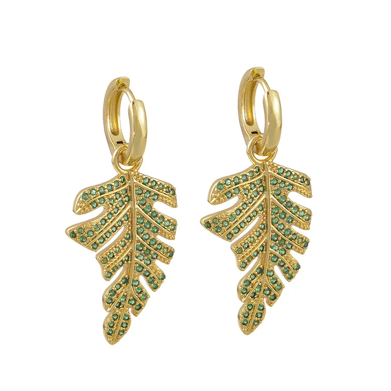 

European Fashion 18K Real Gold Plated Green Zircon CZ Leaf Pendant Earrings Full Crystal Leaf Circle Huggie Earrings