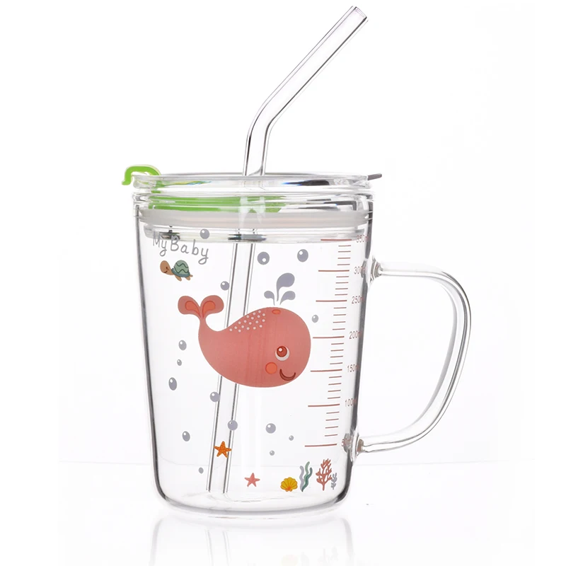 

Glass Cup Coffee Mug Milk Tea Tumbler with Straw and Lid Handle Borosilicate Glass Water Bottle Measuring Cup for Women Kids