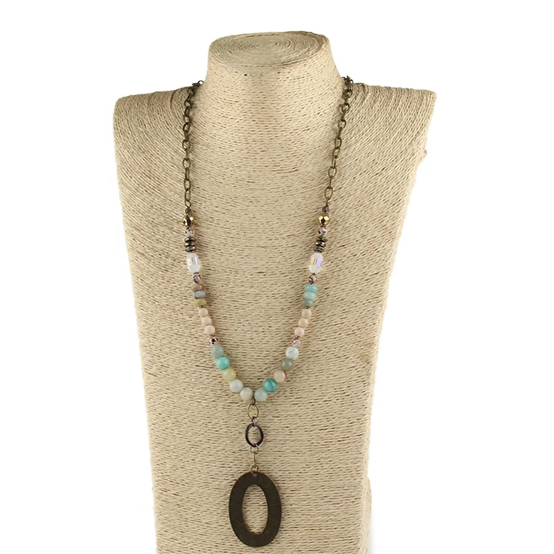 

Fashion Bohemian Jewelry Accessory Link Chain Natural Stone Hematite Necklace Glass Dorp Alloy Cross Pendant Necklaces