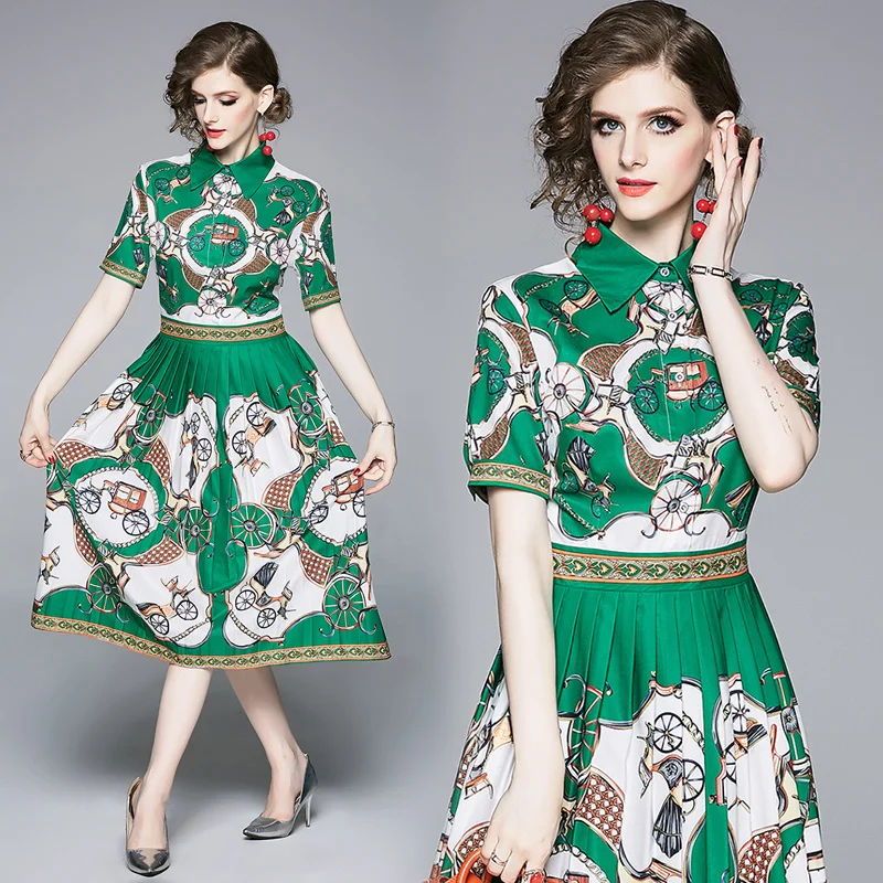 

In stock western style vintage turn down collar short sleeve digital printing elegant pleated fashion midi green dress for women