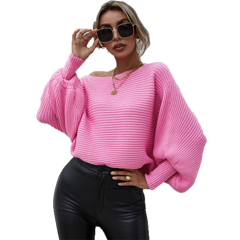 

2021 autumn winter new hot selling loose off shoulder large solid color sweater casual long sleeve womens sweaters