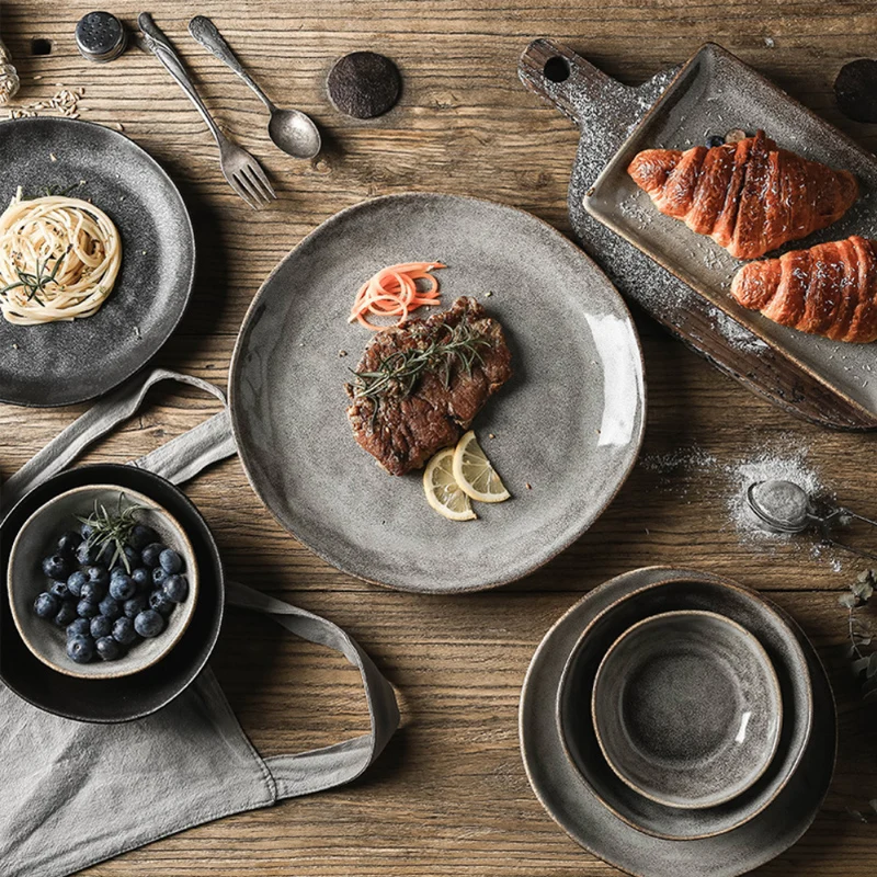 

Wholesale Retro Janpanese Style Special Shaped Ceramic Tableware Bowls Dinner Plate, Grey,black