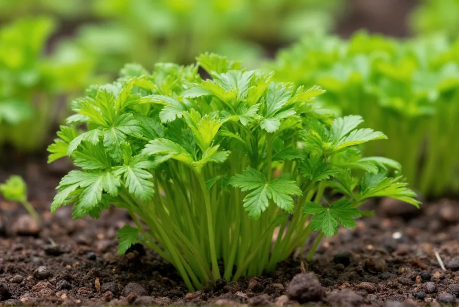 Parsley plant growing in garden soil with close-up of healthy green leaves