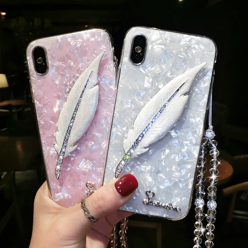 

Leyi free bracelet shiny cute feather TPU material transparent Epoxy diamond cover 360 full protect phone case for Huawei Nova 7