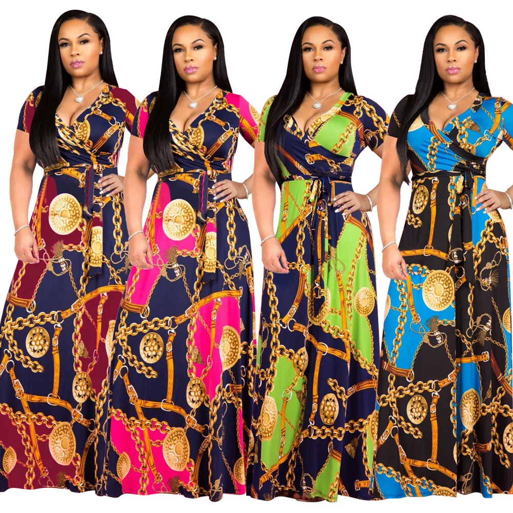 

Wholesale 2021 fashion sexy ladies chain belt summer Women short sleeve maxi Dresses (C9120), Picture