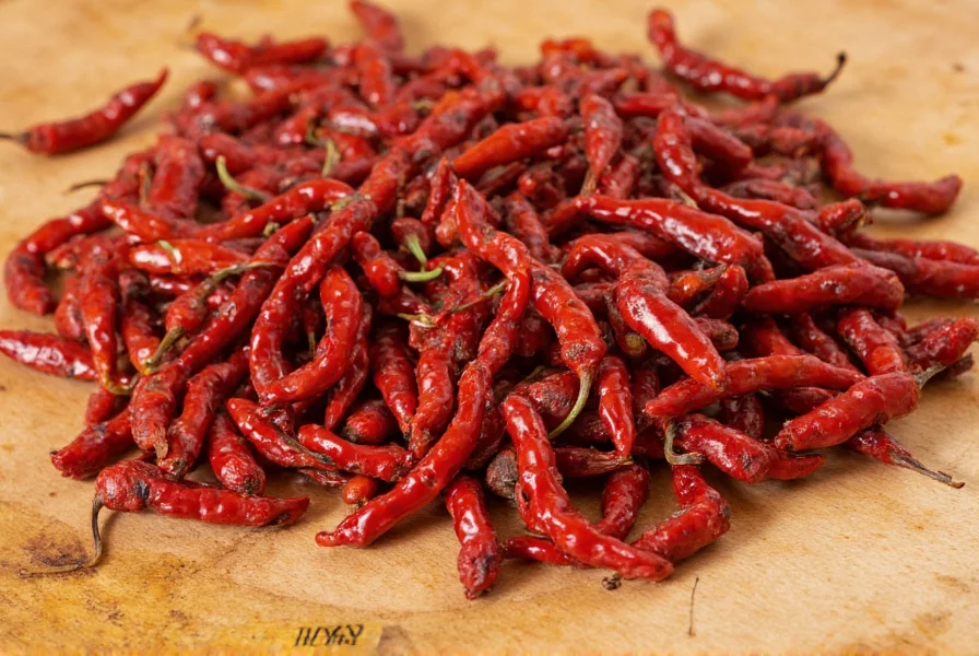 Close-up of dried chili de arbol peppers on wooden cutting board with measuring scale