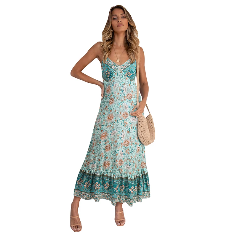 

2021 New Spring Summer Women's Bohemian Sling Floral Dress Hot Sale Style A Line Evening Party Long Dress