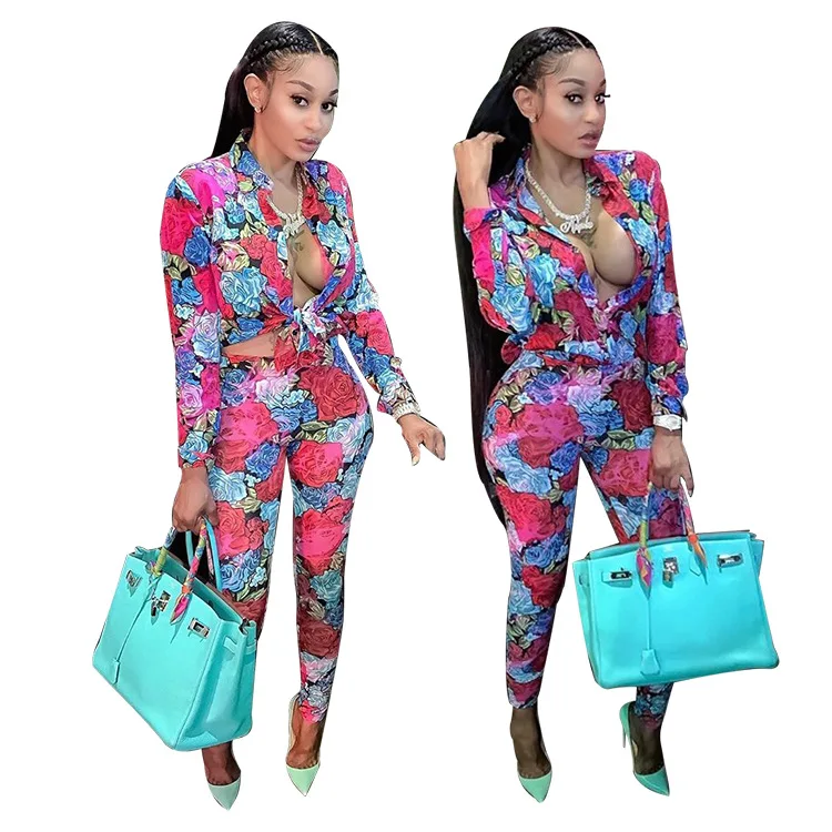 

J9780 Women 2021 Street Fashion Casual Floral Printing Long Sleeve Top Pants Two Piece Set, Customized color