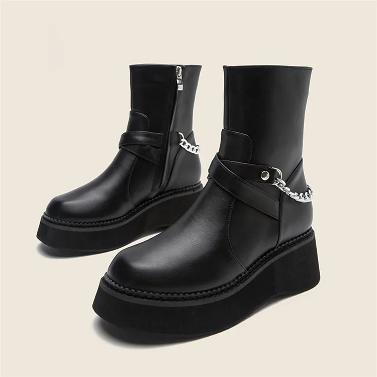 

Women Half Short Boots Shoes Thick Bottom Metal Chain Women Winter Fashion Cool Platform Wedge Boots Black Shoes Size 35-42