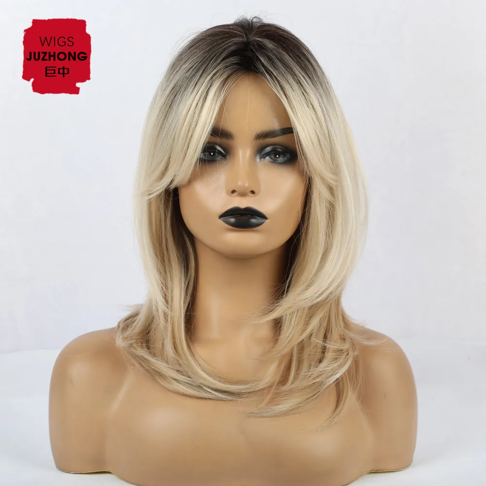 

MAYSU High quality Women's heat-resistant Dark brown gradient gold high temperature fiber synthetic wig Medium Long Curly Hair