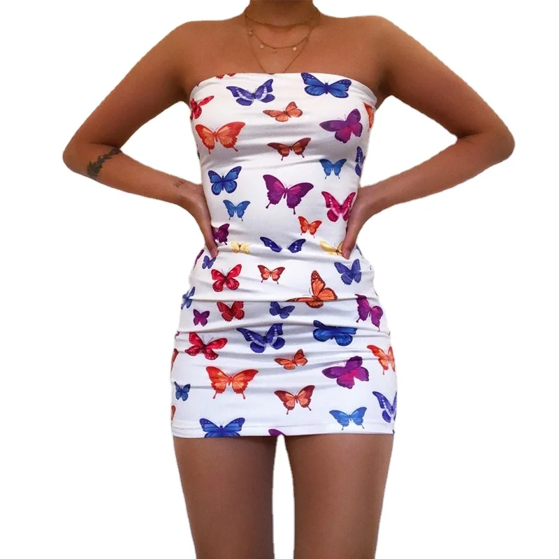 

Women'S Strapless Tube Top Skirt Sexy Tight-Fitting Hip Skirt Butterfly Print Jumpsuit XQM