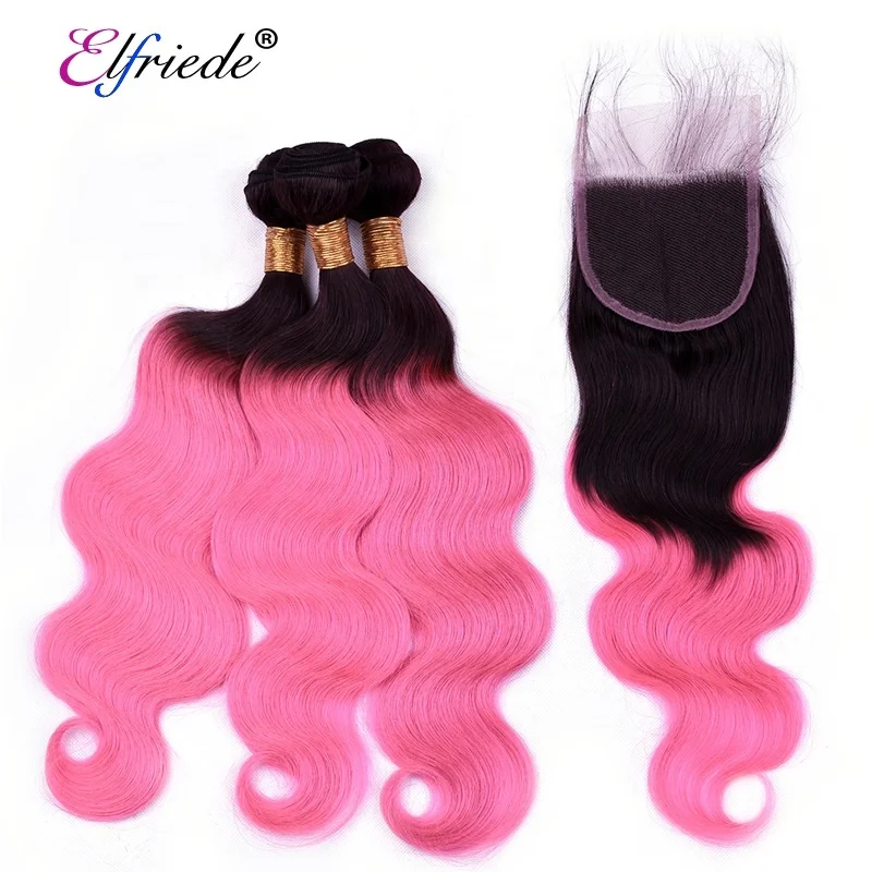 

#T 1B/Pink Body Wave Ombre Hair Bundles with Lace Closure 4"x4" Brazilian Remy Human Hair Wefts with Closure JCXT-152
