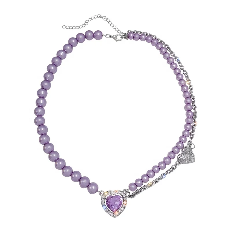 

SHIHAN N2162613 2021 fashion crystal purple heart necklace pearl choker women party jewelry
