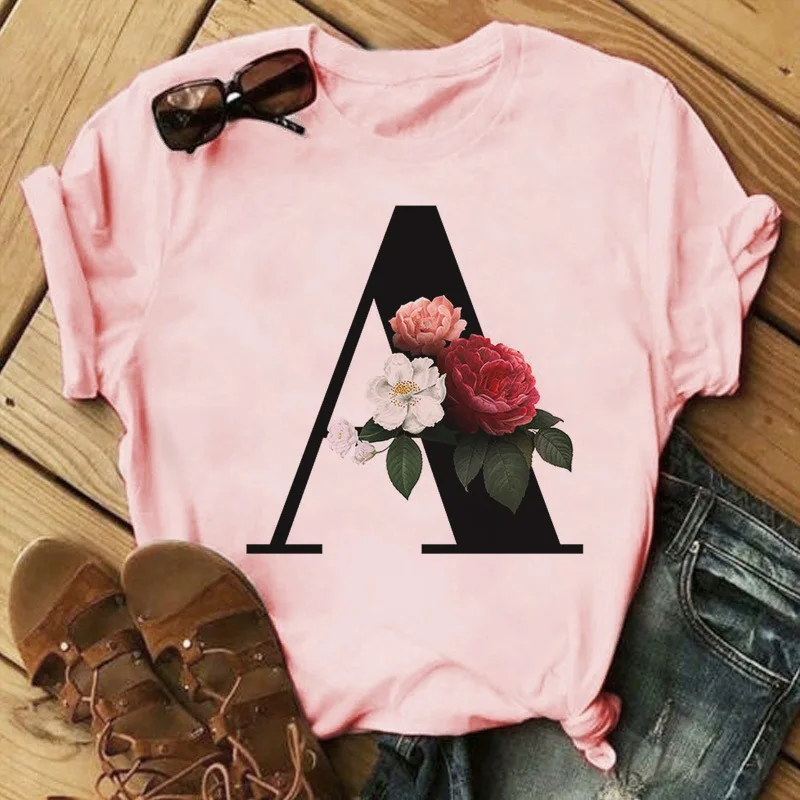 

2021 High Quality Printing Custom Name Flower Letter Women Clothing Design T Shirts Pink Casual T-Shirt, Customized color
