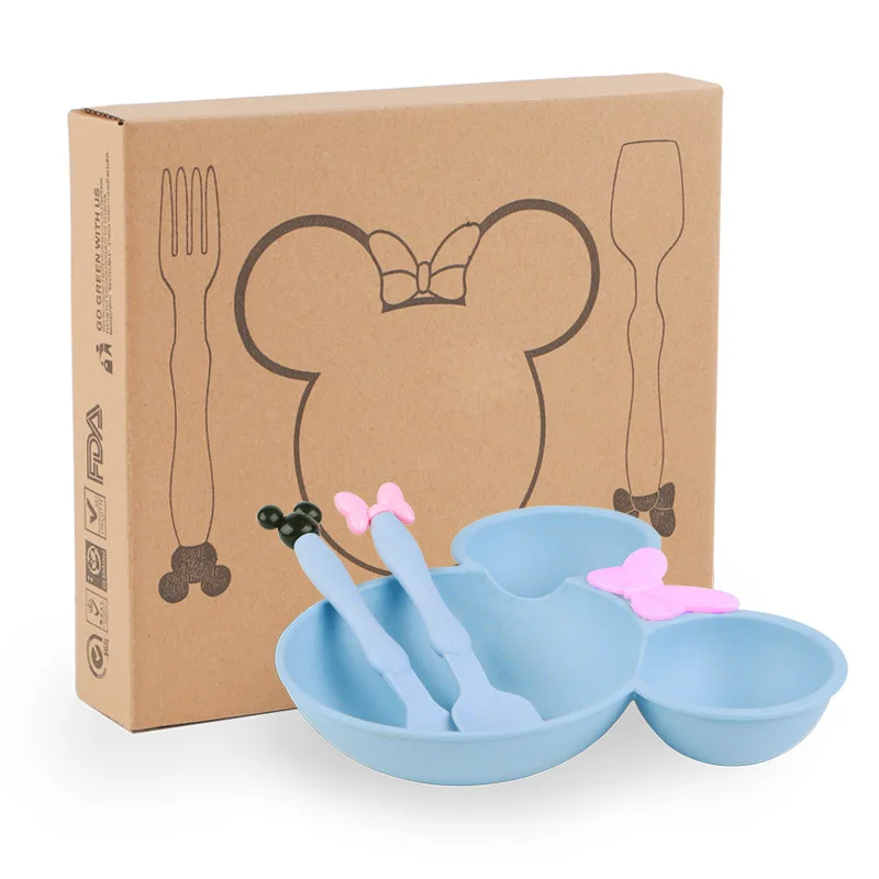 

children wheat straw dinnerware set cartoon plastic dinner set mickey minnie mouse 3pcs plate spoon fork cutlery tableware set, Beige,pink,green,blue,customized color