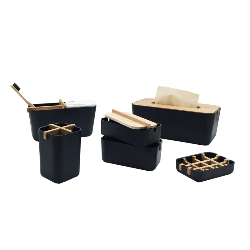 

Modern healthy natural bamboo fiber bathroom accessories set soap dish shampoo dispenser toothbrush holder, White,black,grey