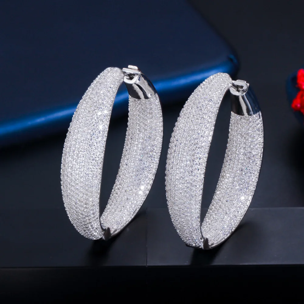 

Micro Pave Cubic Zirconia Round Big Statement Hoop Earrings Silver Plated Luxury Women Wedding Bridal Jewelry Accessories