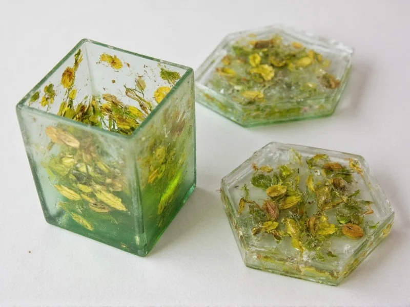Close-up of handmade resin coasters with embedded leaves