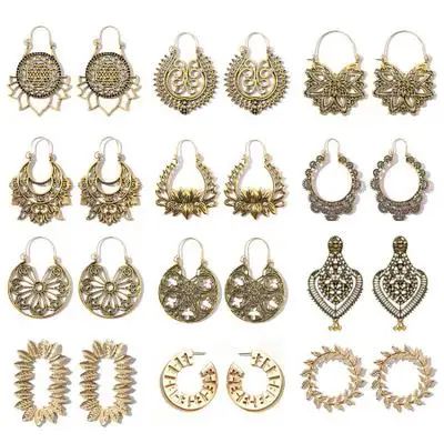 

VRIUA New Femme Vintage Antique Silver Gold Color Hollow Out Gypsy Ethnic Hoop Flower Dangle Mandala Earrings, Gold sliver