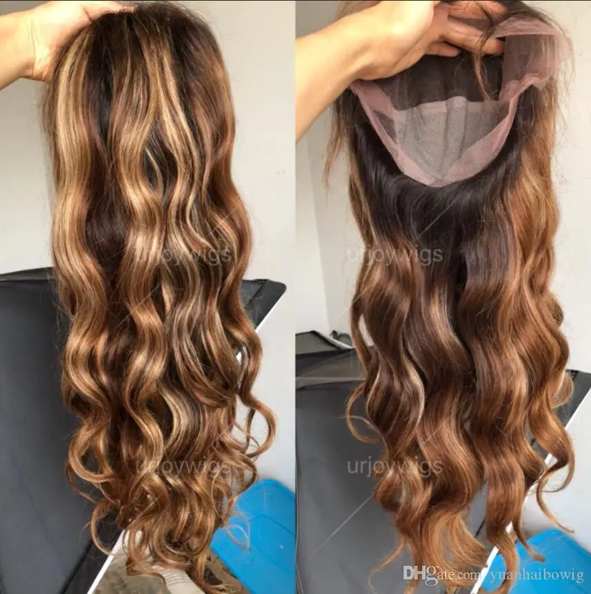 

Highlight Wig Vendor Wholesale brown Blonde Ombre Hair Wig With Dark Roots Mink Peruvian Virgin Human Hair HD Lace Front Wig