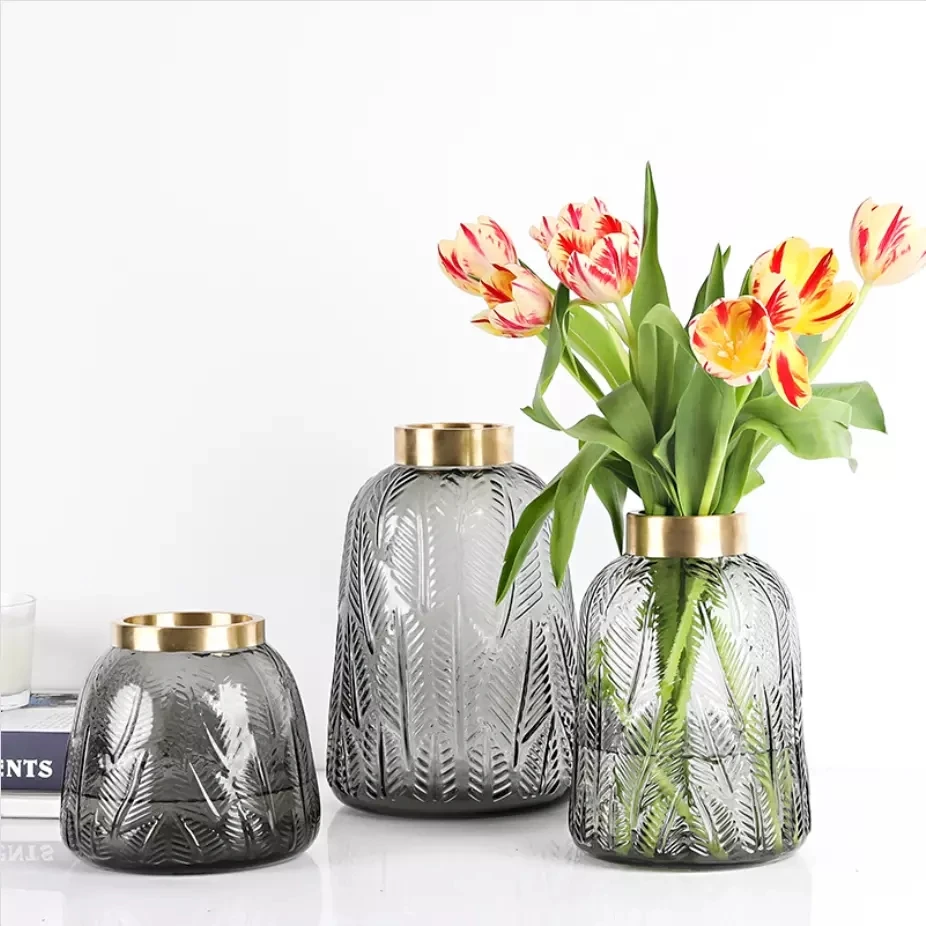 

Wholesale luxury home hotel decoration pattern brass ring glass wedding centerpieces glass crystal flower vase, Grey