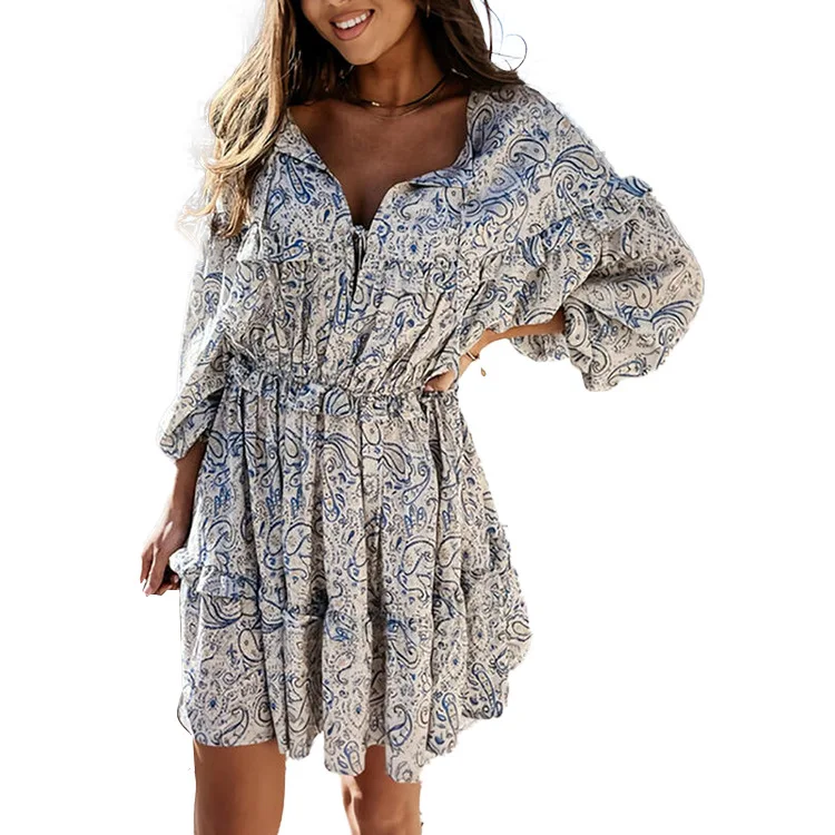 

Summer femininity long - sleeved dress new collection waist print skirt, Sky blue