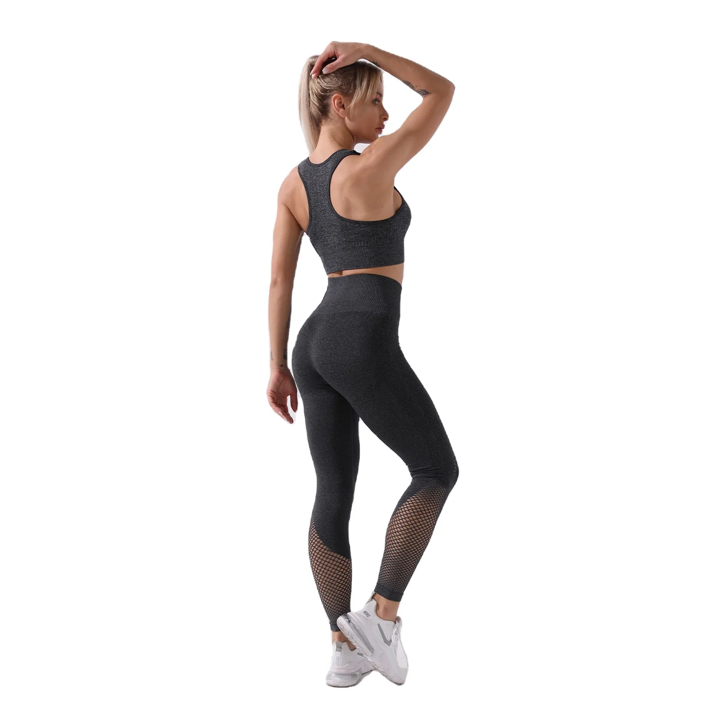 

Women Super Soft High Stretchy Hollow Out Mesh Breathable Quick Dry Training Fitness Ribbed Seamless Set, 6 colors as pictures
