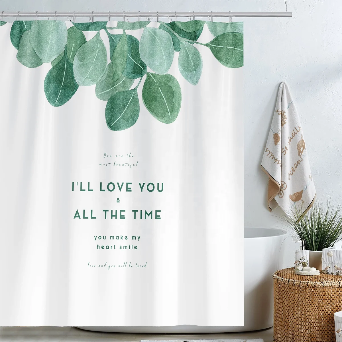 

i@home 100% polyester nordic 3d digital leaves printed shower curtain bathroom waterproof, Green and white