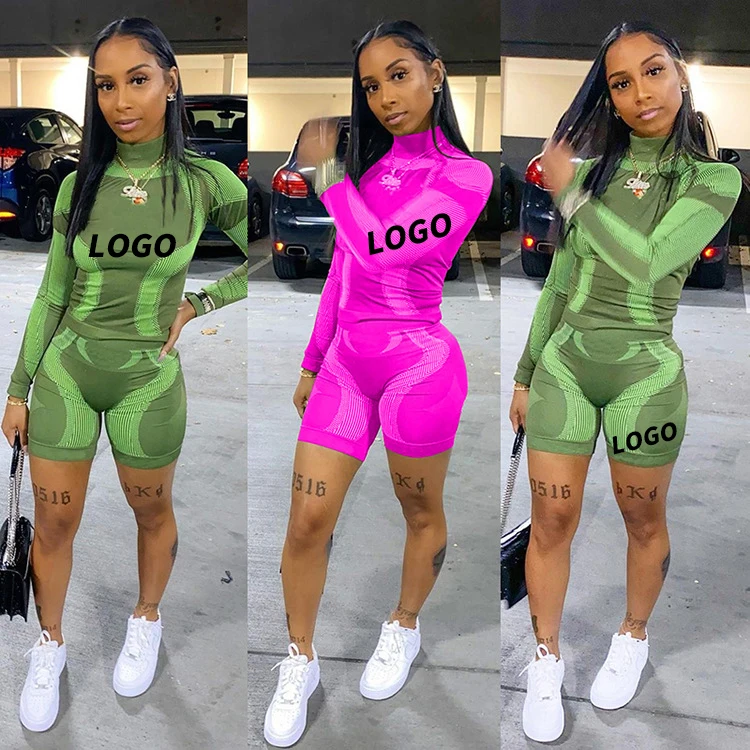 

Hot sales long sleeve 2 piece short sets casual seamless womens gym set