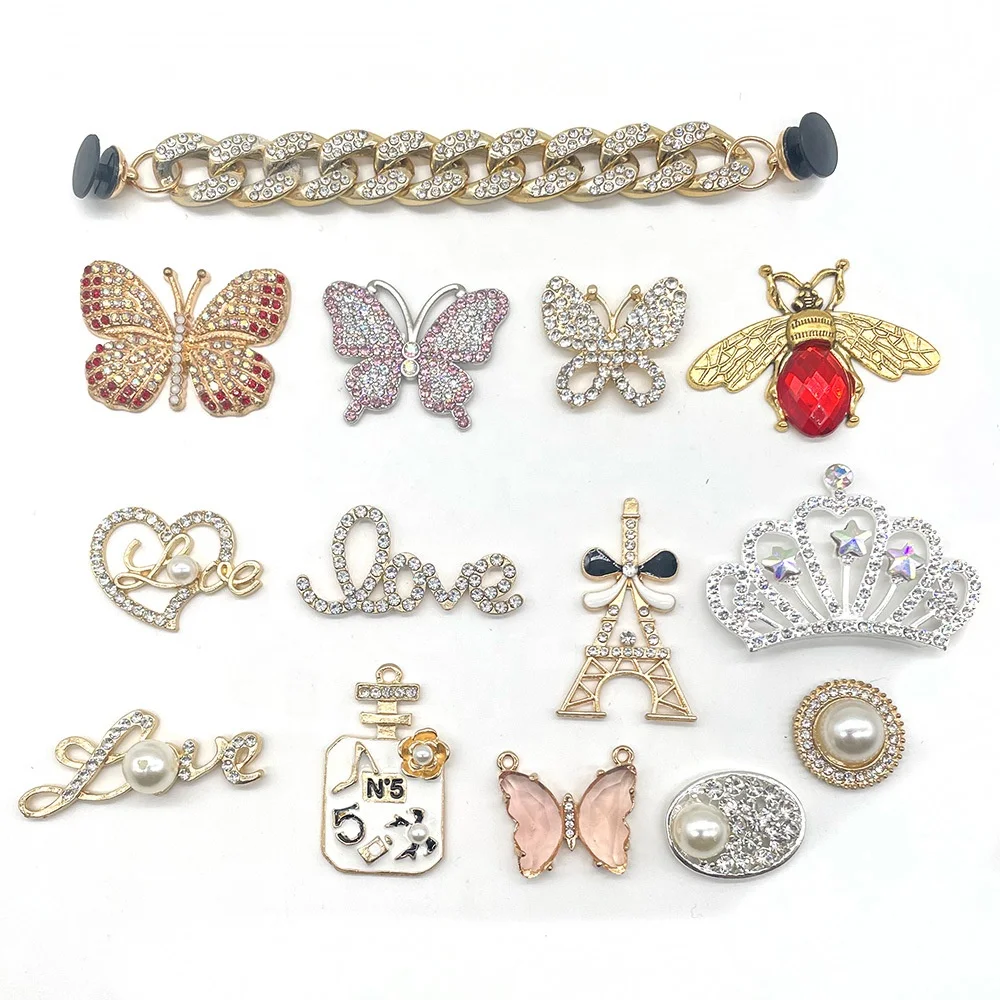 

DIY High-end new products butterfly croc shoe charms decoration accessories metal gems bling diamonds charms, As picture