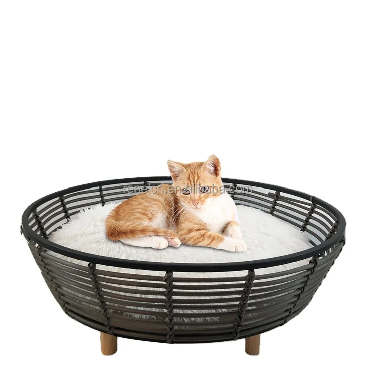 

Renel Round Dark Grey Woven Rattan Big Cat House with Solid wood bracket