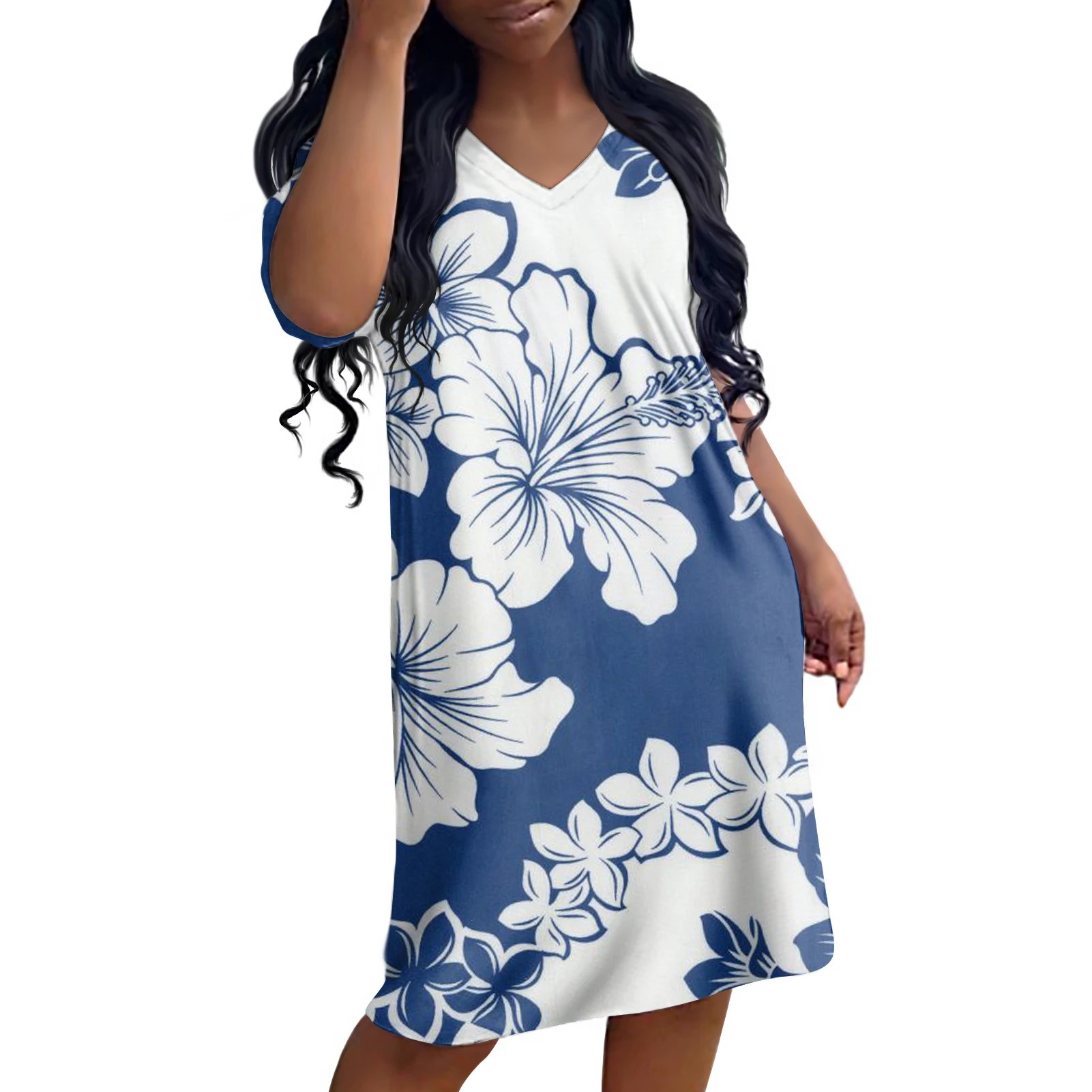 

2021 Hawaiian Hibiscus Flower Print Office Dresses V-neck Short Sleeve Summer Maxi Dress Fitted Ladies Woman Night Dress Custom