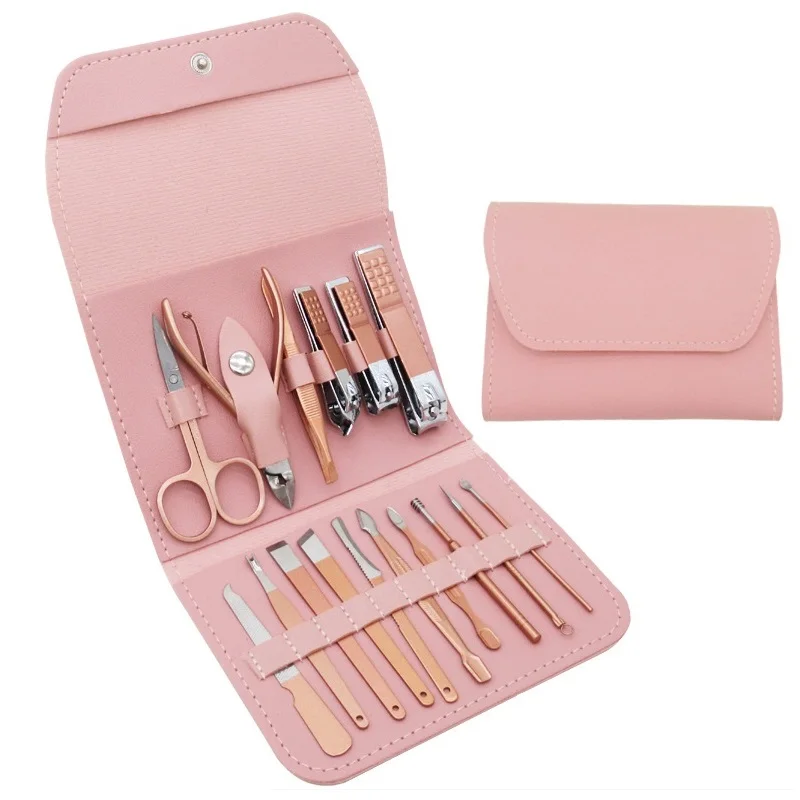 

PU 16 piece Rose Gold Pedicure Manicure set Stainless Steel Professional 16Pcs Pink Nail clippers set Nail tools kit with PU Bag